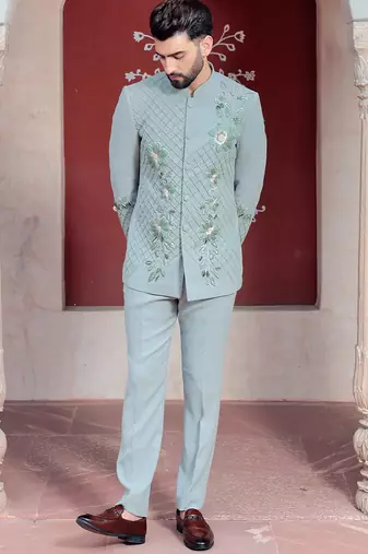 Blue embroidered crepe bandhgala