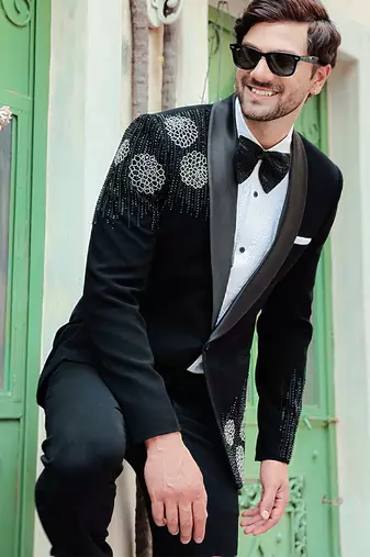 Black embroidered crepe tuxedo