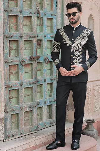 Black embroidered jute bandhgala