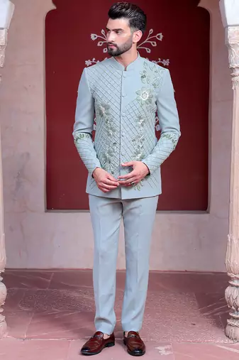Blue embroidered crepe bandhgala