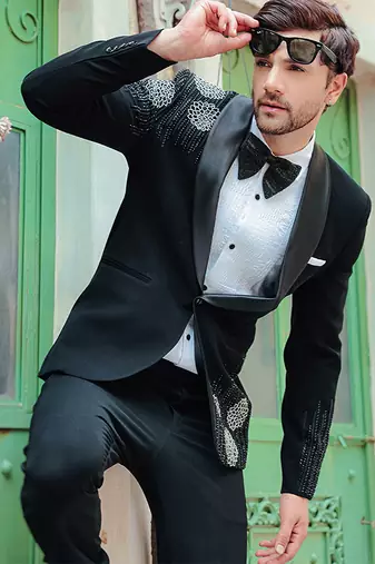 Black embroidered crepe tuxedo