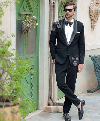 Black embroidered crepe tuxedo 4