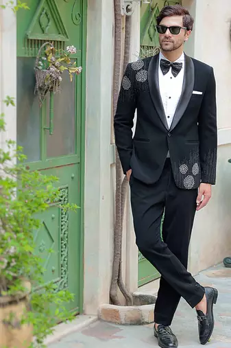 Black embroidered crepe tuxedo