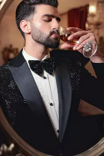 Black embroidered crepe tuxedo