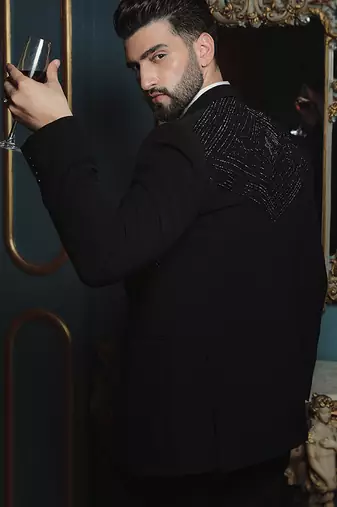 Black embroidered crepe tuxedo