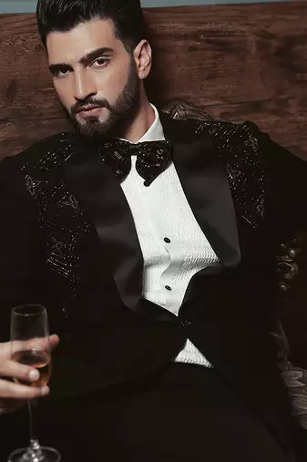 Black embroidered crepe tuxedo