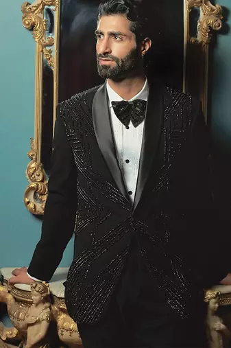 Black embroidered crepe tuxedo