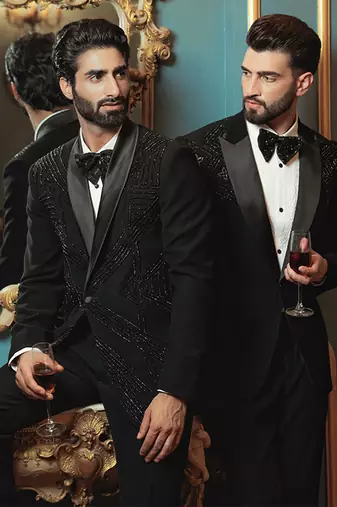 Black embroidered crepe tuxedo
