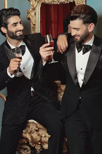 Black embroidered crepe tuxedo