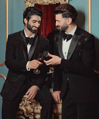 Black embroidered crepe tuxedo 5
