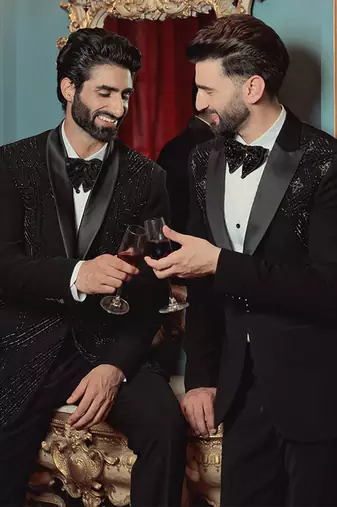 Black embroidered crepe tuxedo