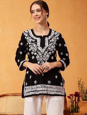 Hand embroidered black muslin lucknowi chikankari short kurti 1