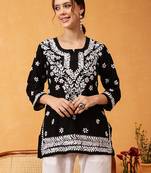 Hand embroidered black muslin lucknowi chikankari short kurti