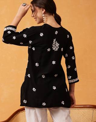 Hand embroidered black muslin lucknowi chikankari short kurti 2
