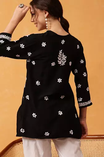 Hand embroidered black muslin lucknowi chikankari short kurti