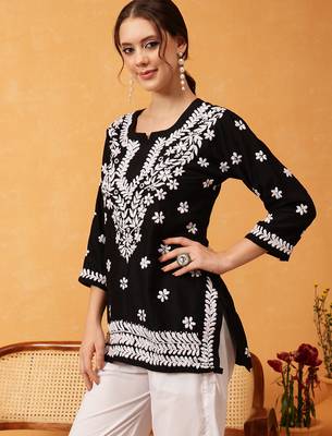 Hand embroidered black muslin lucknowi chikankari short kurti 3