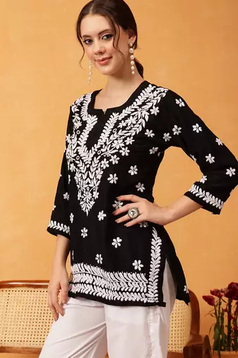 Hand embroidered black muslin lucknowi chikankari short kurti