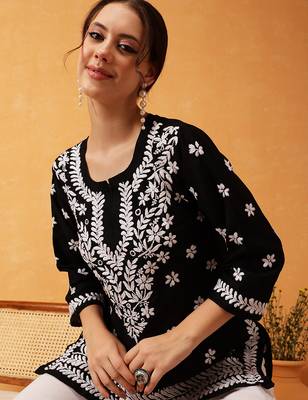 Hand embroidered black muslin lucknowi chikankari short kurti 4