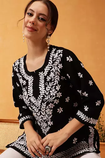 Hand embroidered black muslin lucknowi chikankari short kurti