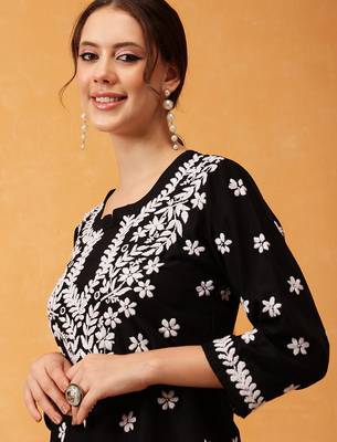 Hand embroidered black muslin lucknowi chikankari short kurti 5