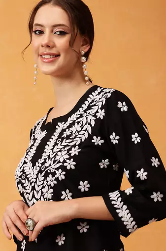 Hand embroidered black muslin lucknowi chikankari short kurti