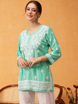 Hand embroidered sea green muslin lucknowi chikankari short kurti 1
