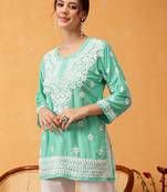 Hand embroidered sea green muslin lucknowi chikankari short kurti