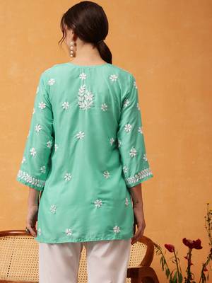 Hand embroidered sea green muslin lucknowi chikankari short kurti 2