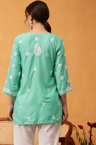 Hand embroidered sea green muslin lucknowi chikankari short kurti