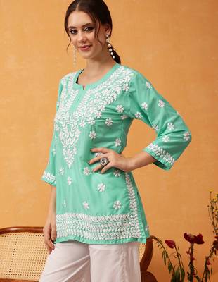Hand embroidered sea green muslin lucknowi chikankari short kurti 3