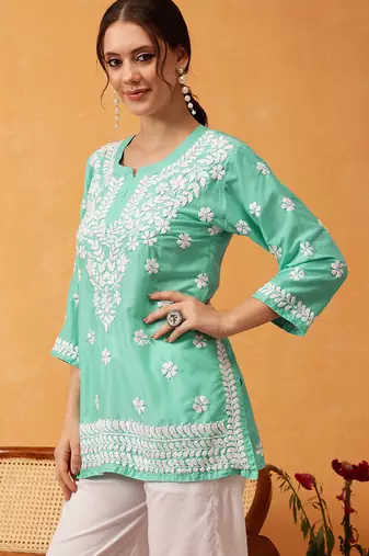 Hand embroidered sea green muslin lucknowi chikankari short kurti