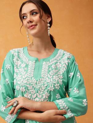 Hand embroidered sea green muslin lucknowi chikankari short kurti 4
