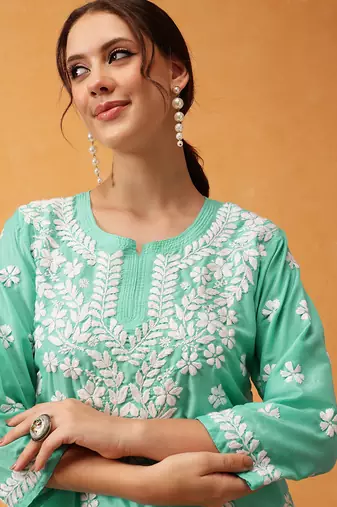 Hand embroidered sea green muslin lucknowi chikankari short kurti