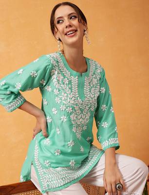Hand embroidered sea green muslin lucknowi chikankari short kurti 5