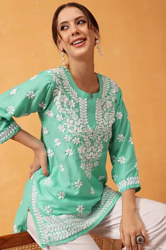 Hand embroidered sea green muslin lucknowi chikankari short kurti