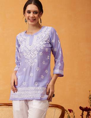 Hand embroidered mauve muslin lucknowi chikankari short kurti 1