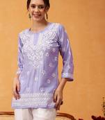 Hand embroidered mauve muslin lucknowi chikankari short kurti