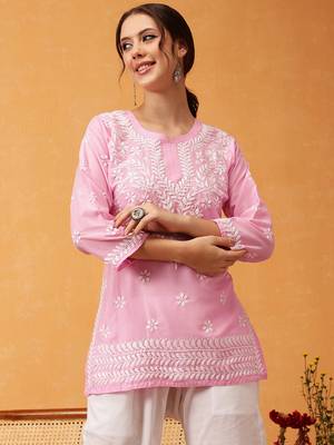Hand embroidered pink muslin lucknowi chikankari short kurti 1