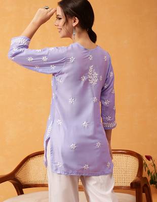 Hand embroidered mauve muslin lucknowi chikankari short kurti 2