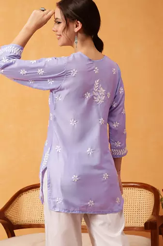 Hand embroidered mauve muslin lucknowi chikankari short kurti