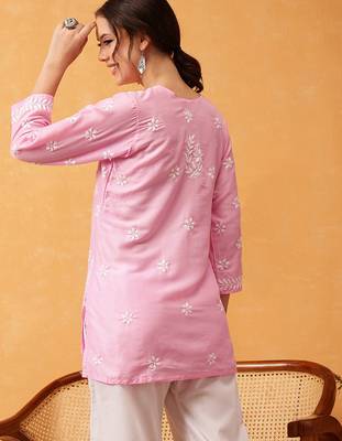 Hand embroidered pink muslin lucknowi chikankari short kurti 2