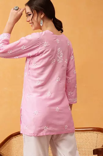 Hand embroidered pink muslin lucknowi chikankari short kurti