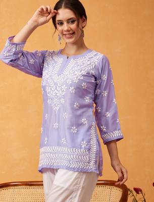 Hand embroidered mauve muslin lucknowi chikankari short kurti 3