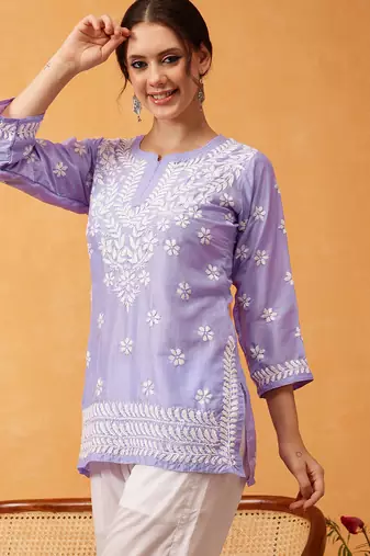 Hand embroidered mauve muslin lucknowi chikankari short kurti
