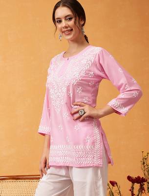 Hand embroidered pink muslin lucknowi chikankari short kurti 3