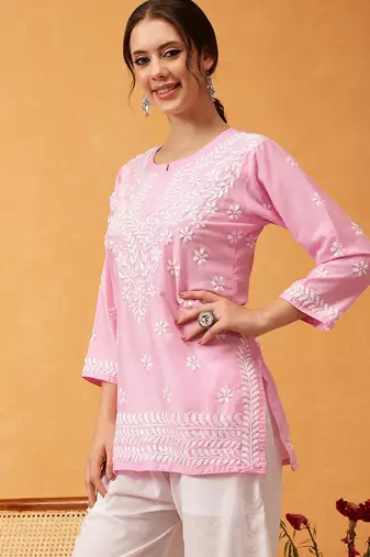 Hand embroidered pink muslin lucknowi chikankari short kurti