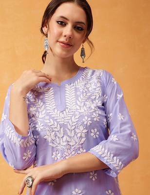 Hand embroidered mauve muslin lucknowi chikankari short kurti 4