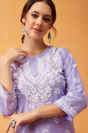 Hand embroidered mauve muslin lucknowi chikankari short kurti