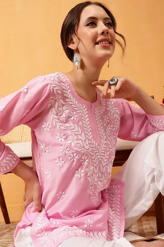 Hand embroidered pink muslin lucknowi chikankari short kurti