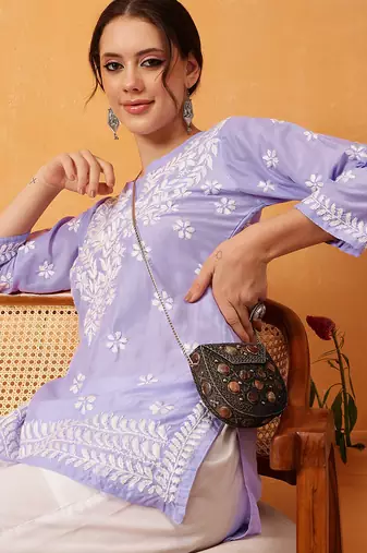 Hand embroidered mauve muslin lucknowi chikankari short kurti